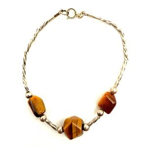 Vintage 925 Sterling Liquid Silver Tiger's Eye Nugget Bead Bracelet 6"